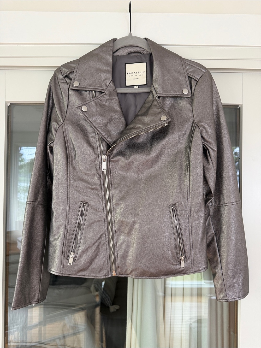 bagatelle Metallic Gray Moto-Style Leather Jacket